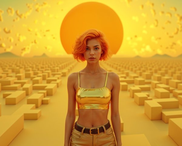 Surreal Landscape with Woman and Geometric Blocks