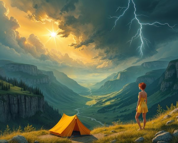 Vibrant Yellow Tent in Dramatic Mountain Landscape