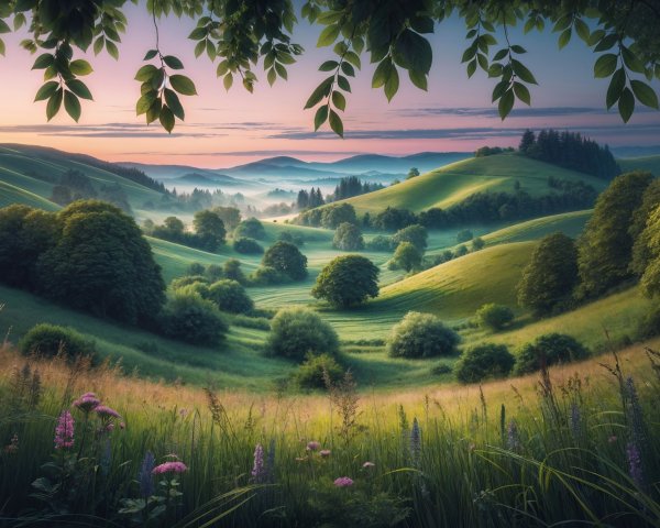 Serene Landscape with Rolling Green Hills and Dawn Light