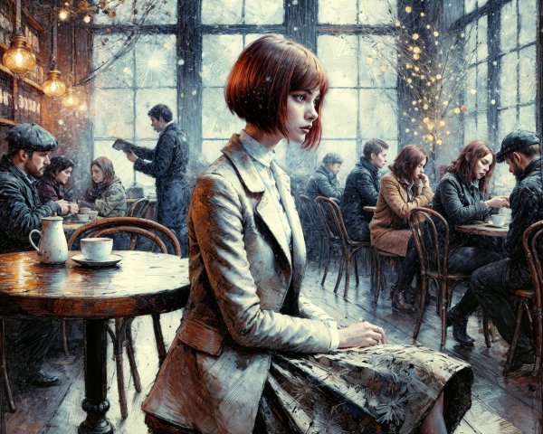 Cozy café scene with a woman in light attire