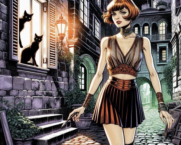 Stylish Woman in Alley with Cats and Full Moon