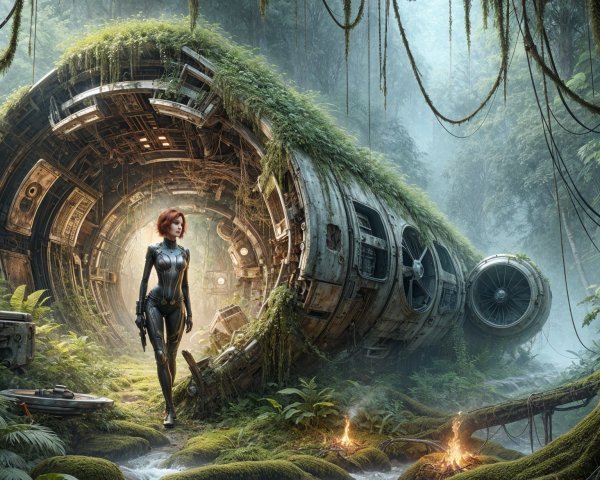 Futuristic spacecraft in a lush jungle setting