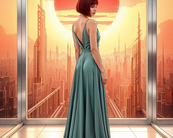 Woman in Teal Gown Against Futuristic City Sunset