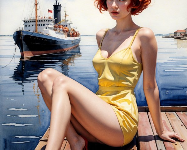 Young Woman in Yellow Swimsuit by Vintage Ship