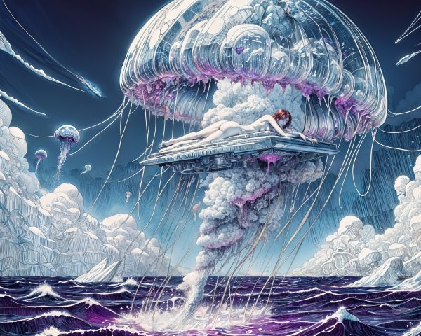 Surreal Scene of Giant Jellyfish Over Turbulent Ocean