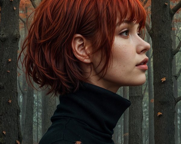 Young Woman with Red Hair in Autumn Forest Setting