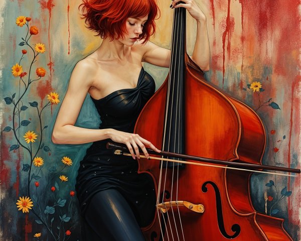 Young Woman with Red Hair Playing Double Bass