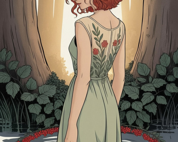 Young Woman in Serene Forest with Water and Petals