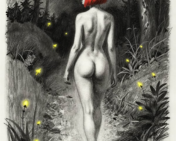 Pencil Drawing of a Nude Woman in a Dark Forest