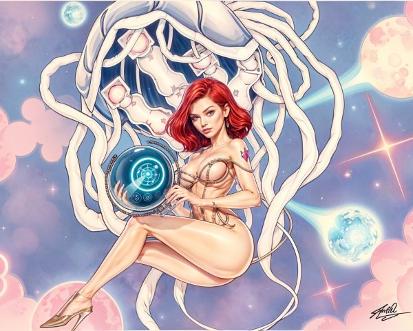 Sci-fi artwork of a woman with red hair and jellyfish