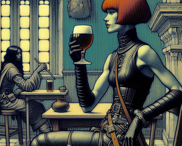 Woman in Black Catsuit with Beer in Pub Setting