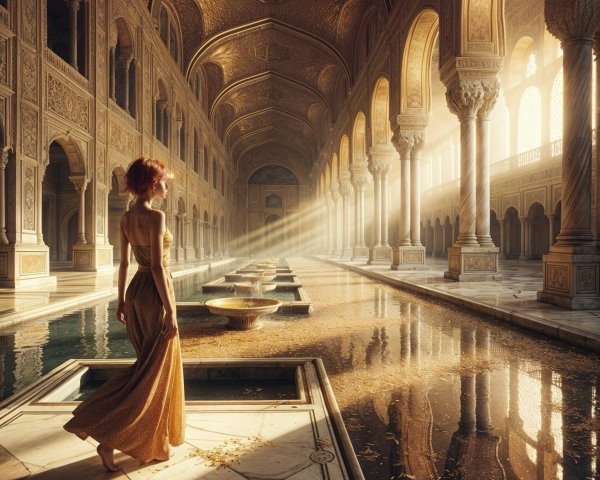 Sunlit palace interior with intricate arches and pool