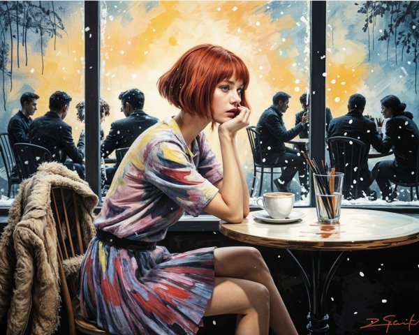 Woman with red hair in cozy café during snowstorm