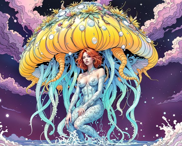 Woman Entwined with Jellyfish in Cosmic Scene
