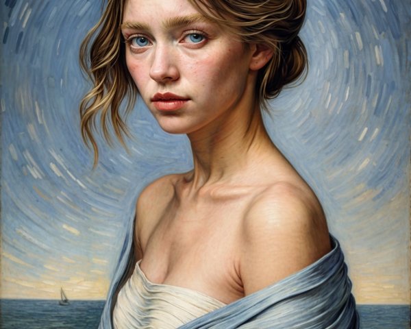 Young Woman in Flowing Dress with Dreamy Seascape