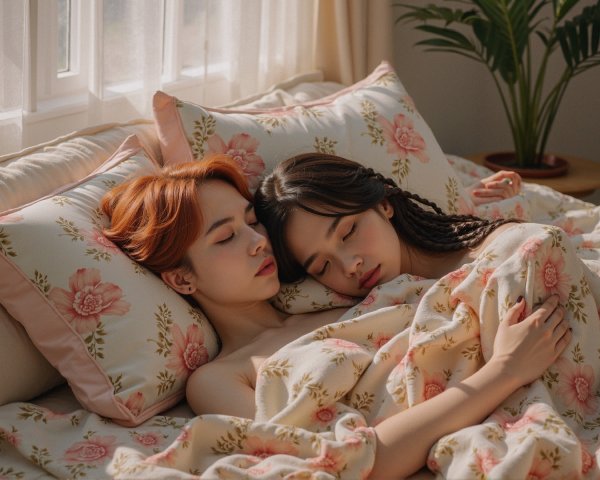 Two women sleeping in a cozy, sunlit bedroom