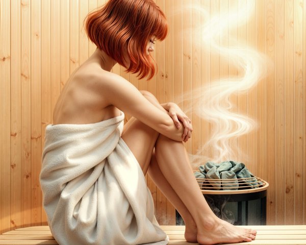 Woman in Towel on Sauna Bench with Soft Steam