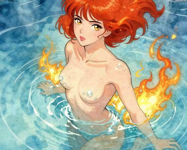 Anime Girl in Hot Spring with Fiery Hair Illusion