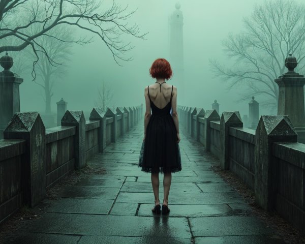Solitary Figure on Misty Pathway to Ethereal Monument