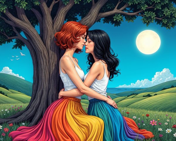 Serene Moonlit Landscape with Two Women by Tree