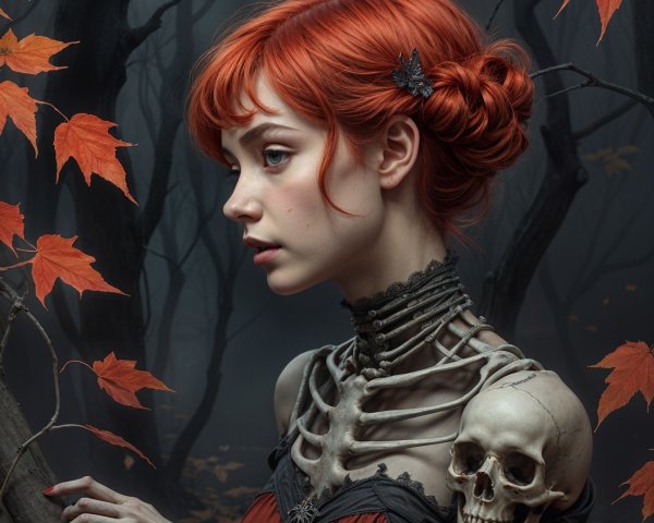 Young Woman in Elegant Gown in Eerie Forest Setting