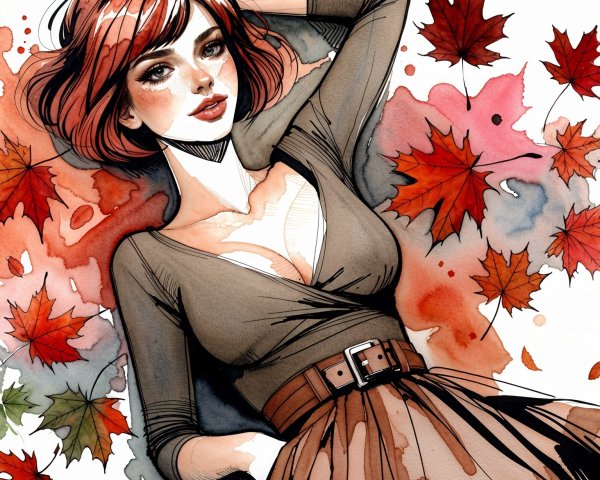 Stylish Woman in Autumn Leaves with Watercolor Background