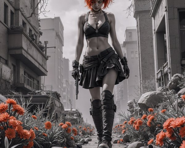 Confident Female Figure in Urban Setting with Flowers