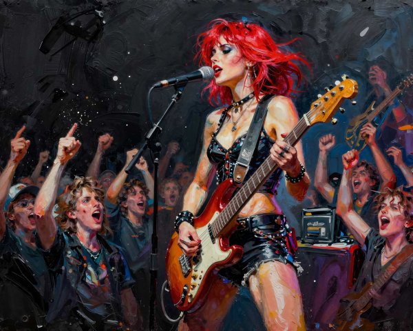 Rock Concert Oil Painting with Female Singer and Guitarist