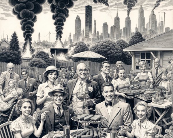 Backyard Barbecue Amid Distant City Smoke