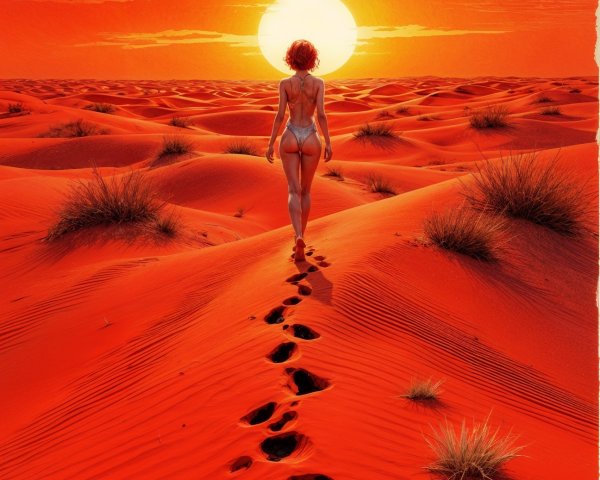 Barefoot Figure Walking in Vibrant Desert Landscape