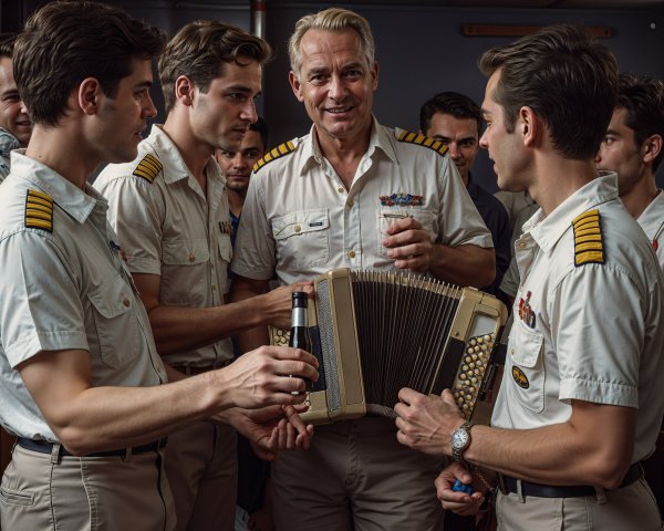 Young Men in Nautical Uniforms Enjoying Music on Ship