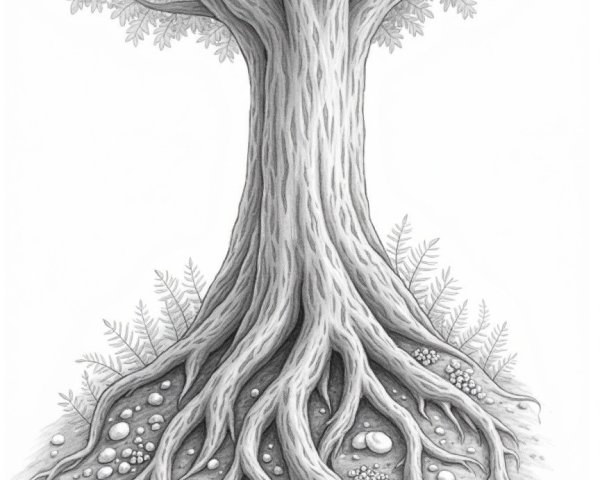 Detailed Etched Tree with Intricate Roots and Canopy