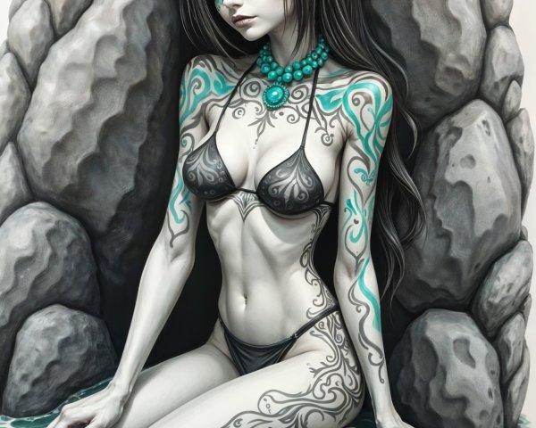 Slender Woman with Tattoos at Rocky Shoreline