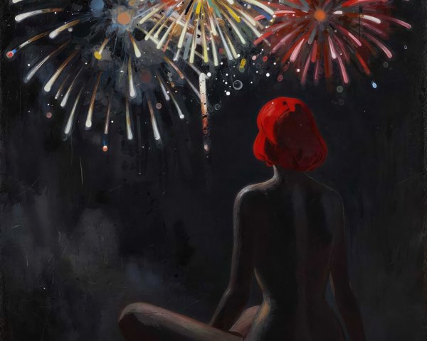 Hyperrealistic Oil Painting of Woman and Fireworks