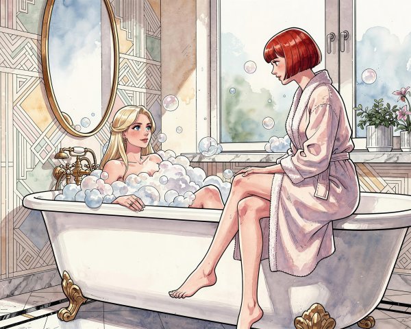 Anime Watercolor of Women in Elegant Bathroom Setting