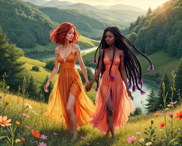 Women in Orange Dresses in a Colorful Meadow