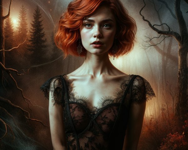 Young Woman in Vintage Dress in Mystical Forest