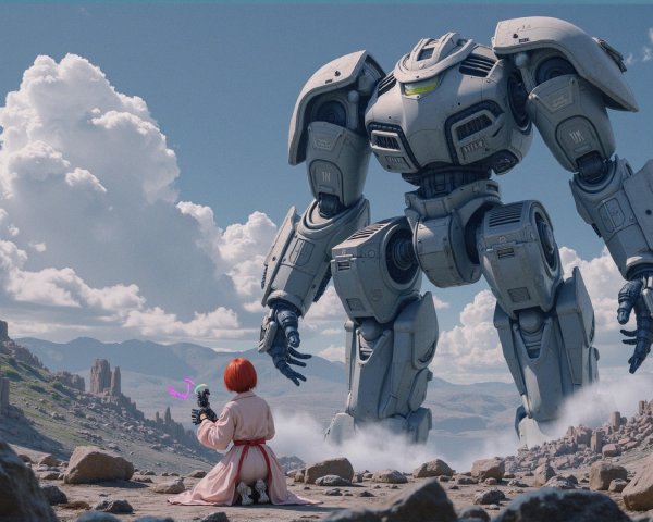 Futuristic Scene with Robot and Small Figure in Pink