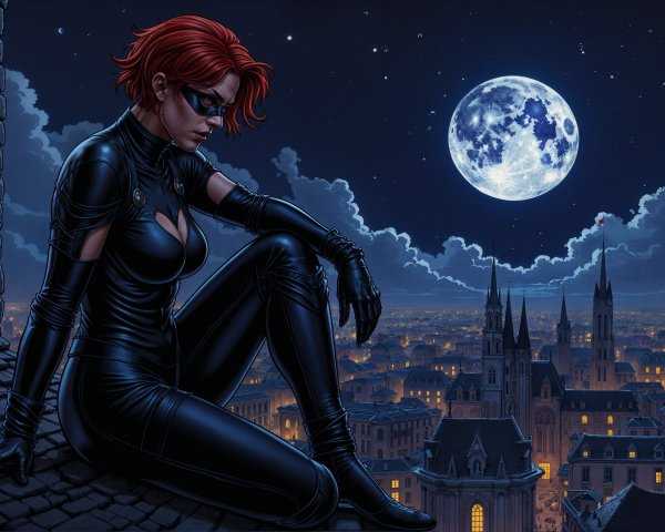 Masked Figure on Rooftop Overlooking Moonlit Cityscape