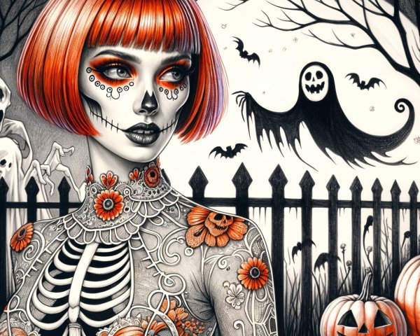 Whimsical Skeleton Woman in Halloween Scene