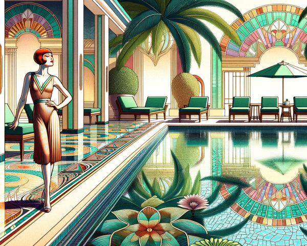 Glamorous Art Deco Poolside Scene with Lush Surroundings