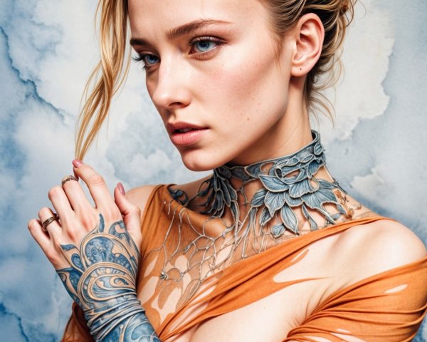 Woman with Intricate Tattoos and Orange Top in Clouds