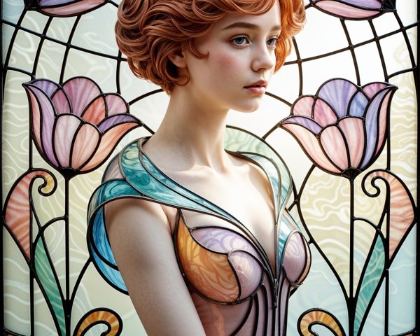 Vintage-Inspired Woman with Stained Glass Backdrop