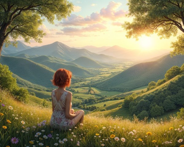 Serene Sunset Landscape with Rolling Hills and Wildflowers