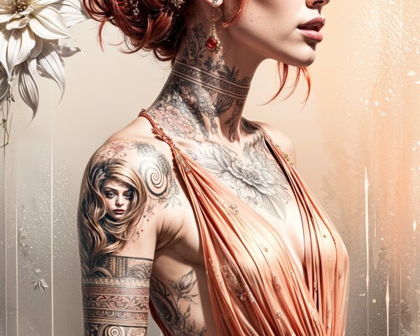 Vibrant Red-Haired Woman in Elegant Peach Dress