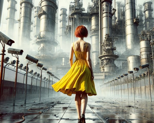 Woman in Yellow Dress in Industrial Landscape