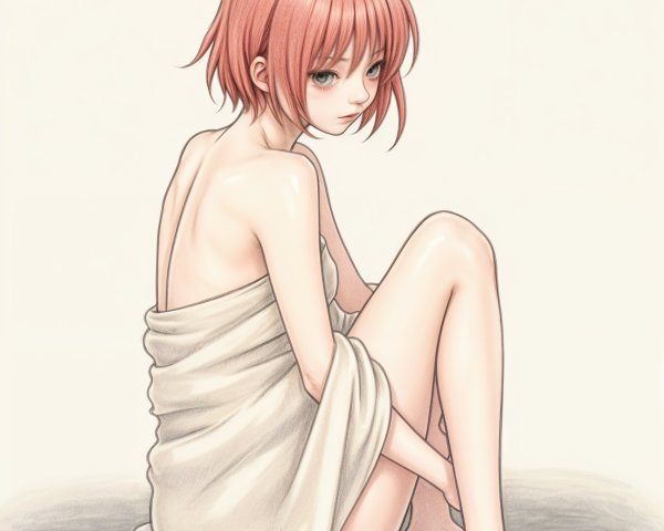 Young girl in towel with contemplative expression