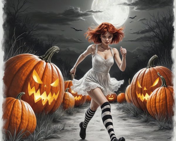 Young woman in white dress runs through Halloween night