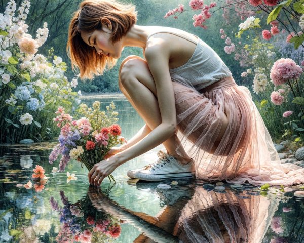 Young Woman Collecting Flowers by a Serene Pond