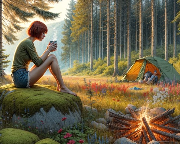 Young Woman in Tranquil Forest Camp Setting